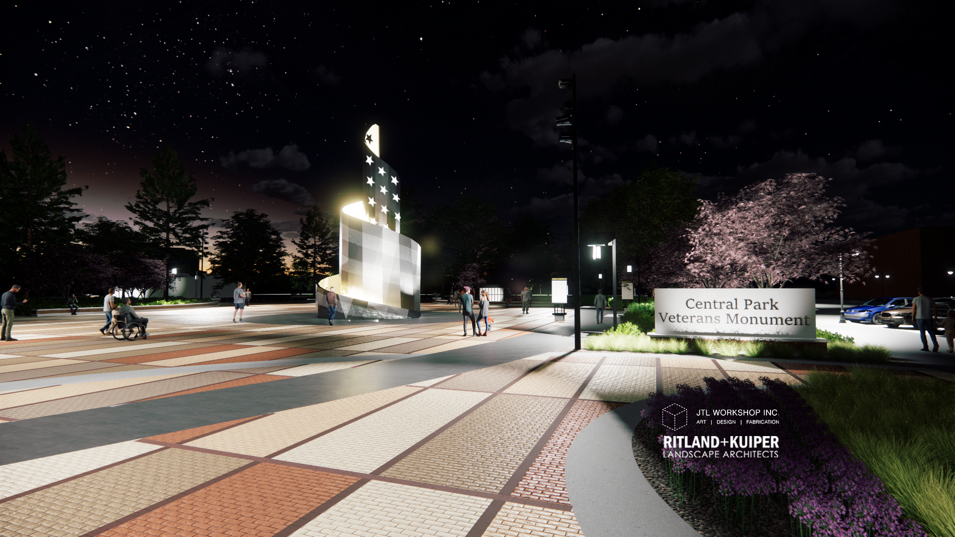 Night rendering of illuminated steel unfurling flag in Grinnell's Central Park