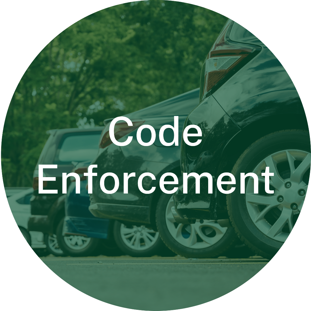 Code enforcement button showing parked cars, links to property standards and enforcement information