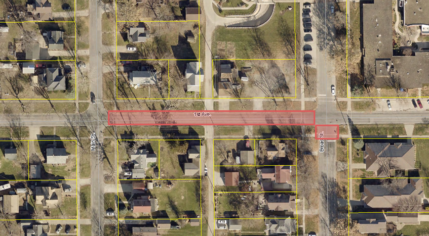 Map shows 1st Ave between Main and Broad Streets and nearby part of Broad St highlighted for closure